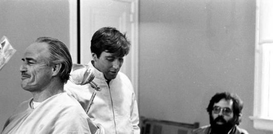 Marlon Brando, Al Pacino and Francis Ford Coppola on the set of The Godfather.